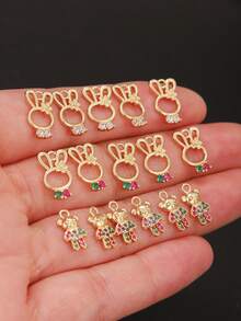 6/10pcs Animal Bear & Rabbit Micro-Inlaid Zirconia Pendant, Handmade DIY Earrings, Bracelets, Anklets Best Gift - Gold 5 - View 3