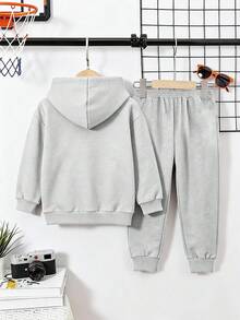 Streetwear Versatile Daily Minimalist Printed Loose Long Sleeve Hoodie + Sweatpants Set, Suitable For Spring, Autumn, Winter, Boys - Light Grey - View 3