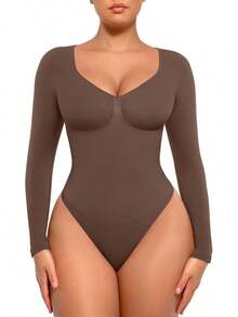 FeelinGirl Women's Long Sleeve Shapewear Bodysuit For Tummy Control Seamless Body Suits Thong V Neck Going Out Tops - Black - View 8