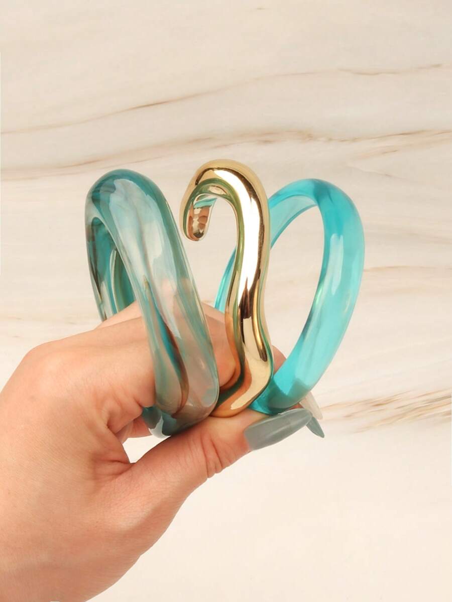 3pcs Bold Asymmetric Green Acrylic Bracelets, Suitable For Women, Decorated With Gold CCB Round Accents, Perfect For Casual Daily Wear - Baby Blue - View 1