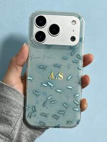 [Customized] Personalized Customized Letters Golden Custom Name Shell Small Fish Pattern Phone Case Compatible With IPhone 17 Pro Max 17 16 15 14 13 12 Pro Max 14 15 16 Plus Shockproof Protective Cover - Blue - View 5