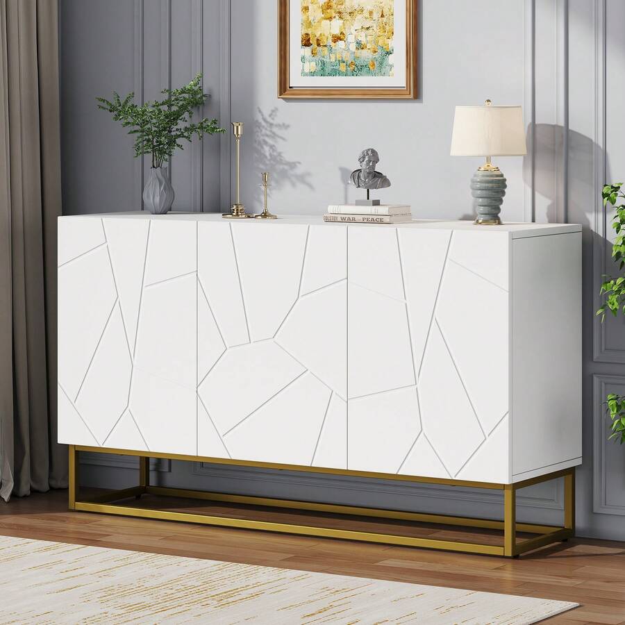White Gloss Sideboard, Modern Buffet With 4 Shelves - White - View 1
