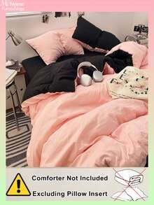 3件組淡粉色與黑色床上用品套裝，1件被套與2件枕套，適合男孩與女孩的宿舍床上用品，簡約時尚居家裝飾，柔軟舒適臥室床上用品，時尚套裝，可機洗，不含填充物 - 淺粉色 - 查看 4