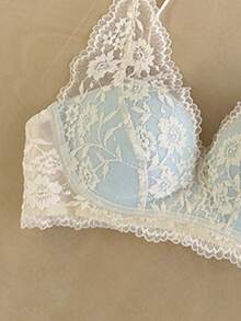 French Style Lace Halter Neck Bra For Women, Push-Up Backless Sexy Minimalist Sexy Design, Wireless Soft Support Bra For Small Chests [Flat Chest Special] - Baby Blue - View 6