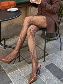 1 Pair Brown Lace Floral Pattern Fishnet Sheer Pantyhose, Plus Size, Sexy Elegant Cute Fashion, Daily Date, Spring/Autumn - Multicolor - View 7