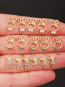 6/10pcs Animal Bear & Rabbit Micro-Inlaid Zirconia Pendant, Handmade DIY Earrings, Bracelets, Anklets Best Gift - Gold 5 - View 2