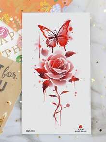 1 Sheet Red Flower And Butterfly Patterns Body Art Temporary Tattoo Sticker, Suitable For Men And Women, Lasting 2-5 Days, Suitable For Use On Arms, Wrists, Shoulders, Legs, Neck, Hands, Chest, Thighs, Fingers, Ankles, Suitable For Parties, Gifts - Red - View 7