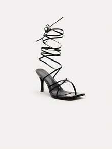 TuEzra Spring/Summer Women's Strappy High Heeled Sandals, Black Open Toe Stilettos - Black - View 6