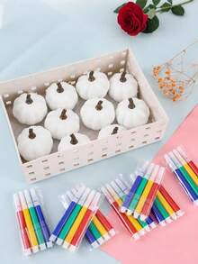 24/48pcs Handmade Pumpkin Craft Set, Includes 1 White Painting Pumpkin + Paintbrush. Can Create Colorful Pumpkins, Ghost Faces, Little Ghosts And Other Designs, Suitable For Autumn And Halloween Decoration, Party Favors And Craft Projects - Multicolor - View 3