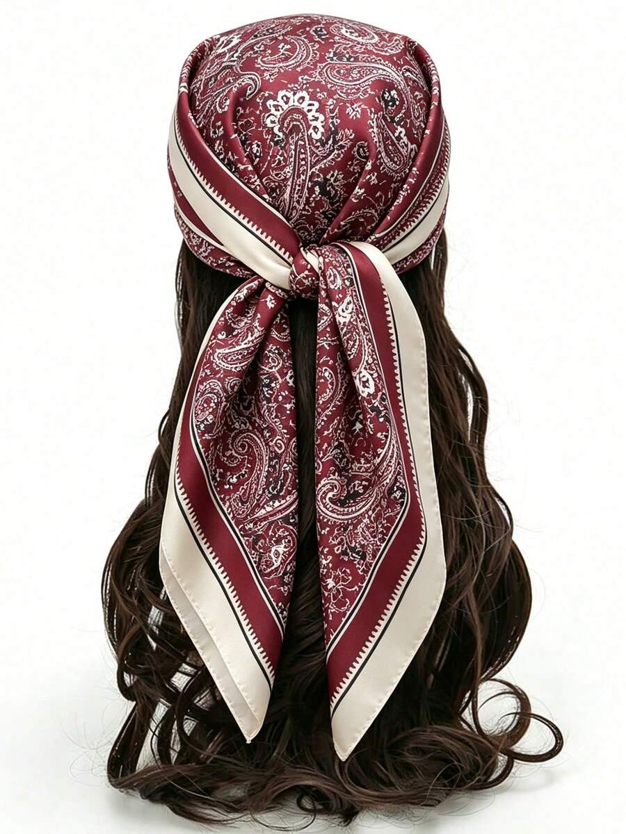 1 pièce Foulard carré en soie de 70 cm, bandeau imprimé en satin pour femme, foulard de cou, turban, châle mode pour dames, foulard - Rouge - Voir 1