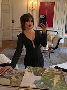 Vestido Maxi de Manga Larga con Cuello en V y Tejido Abierto - Negro - Ver 5