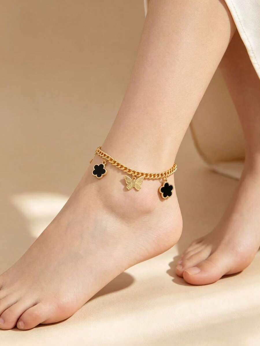 1pc Children's European & American Cross-Border Five-Petal Flower Butterfly Anklet, Ins Style Fashion Versatile New Anklet Jewelry - Multicolor - View 1