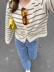 Nautical Striped V Neck Knit Cardigan Metallic Buttons Patch Pocket Cropped Knit Jacket For Thanksgiving Campus Looks - White - View 3