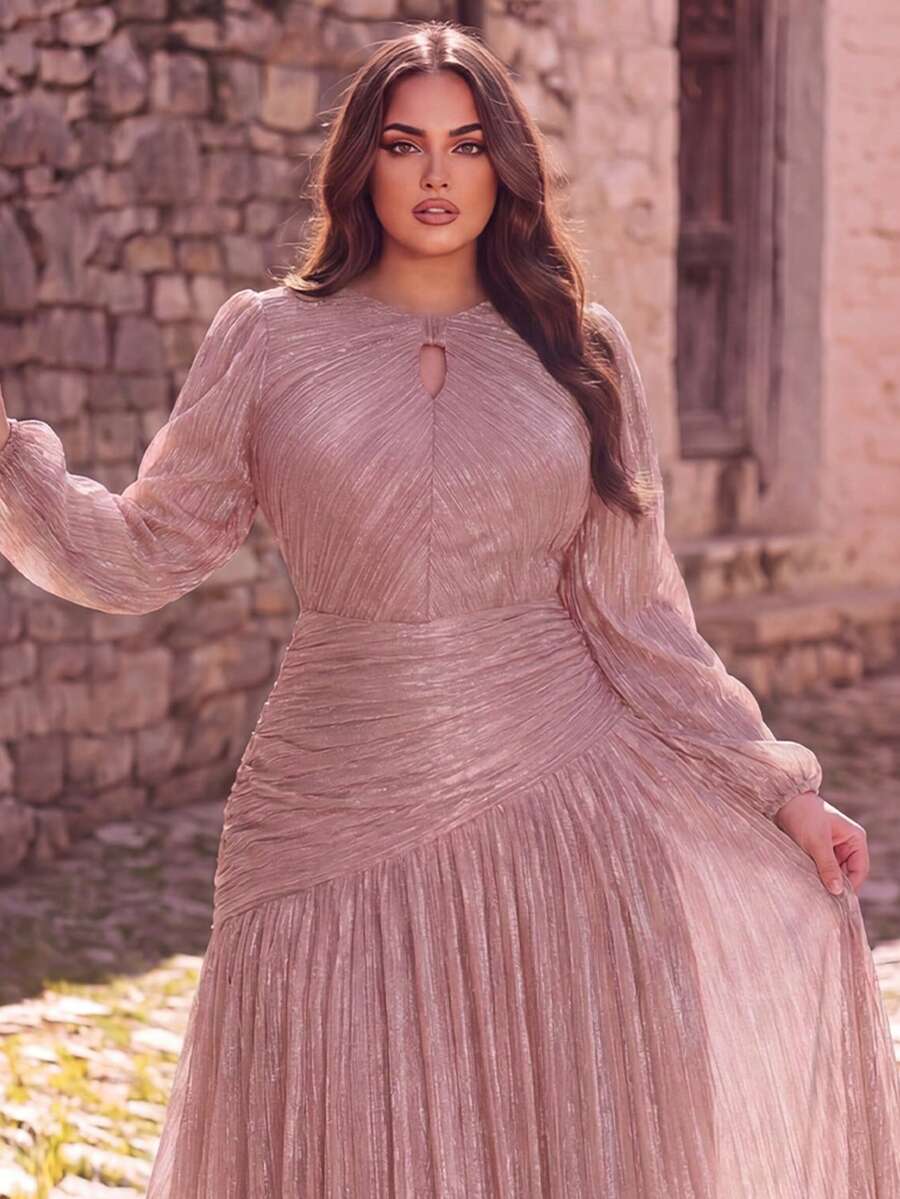 大尺碼優雅亮片長款正式禮服,長袖圓領喇叭下擺,適合迷人之夜、婚禮、派對及其他特殊場合,秋季風格 - 藕粉色 - 查看 1