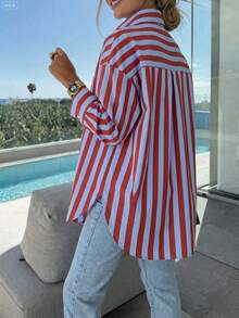 Women's Off-Shoulder Long Sleeve Striped Shirt, Casual Vacation Loose Fit, Suitable For Spring/Summer Commute And Daily Wear - Red and Blue Stripes - View 6