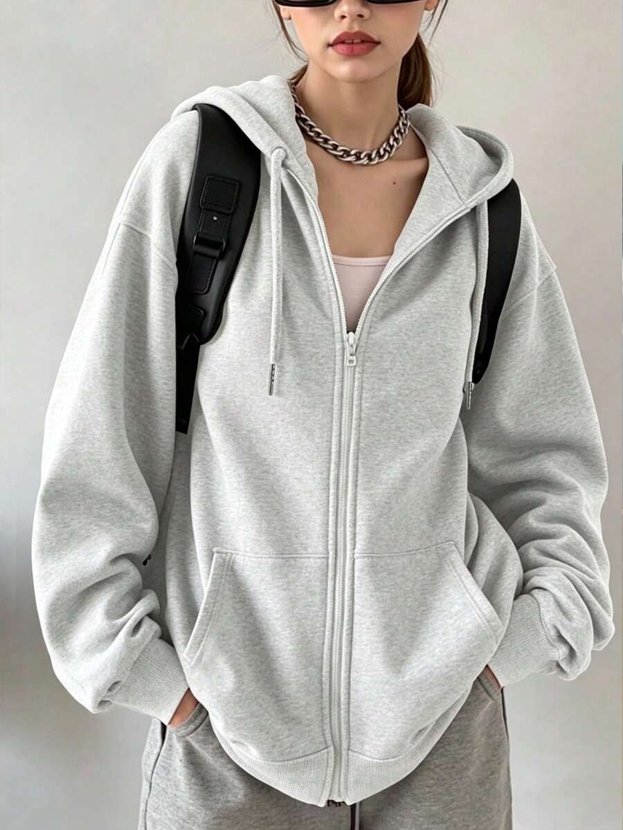 New Women's Front Zipper Drop Shoulder Hooded Sweatshirt, Fashion Loose Plus Size Fit, Drawstring Design, Autumn/Winter Sports Casual Jacket Fall - Light Grey - View 1