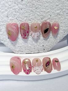 10片裝柔粉色貝殼與海星奢華金屬裝飾貓眼杏仁形美甲貼，可拆卸可重複使用美甲用品（含1片果凍貼＋1片指甲锉） - 粉色 - 查看 2