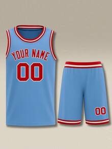 2pcs Personalized Men's Basketball Jersey Set- Customized Name,Number Print Tank Top+Shorts Sports Set For Team Training - Dusty Blue - View 3