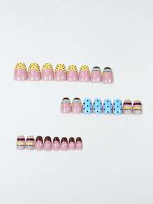 Y2K Cute Macaron Color Block Striped Milk Coffee Polka Dot Yellow Blue French Gentle Sweet Style 24pcs Short Round Press-On Nail Tips Fake Fingernails Set - 彩色 - 查看 2