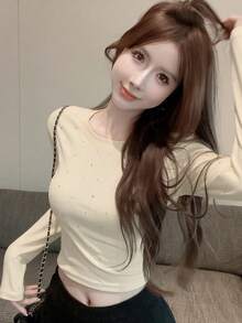 女款素色休閒百搭日常長袖T恤 - 杏色 - 查看 2