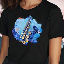 Femmes&#T-shirt en coton à imprimé saxophone bleu, tailles S à 3XL - Noir - Voir 1