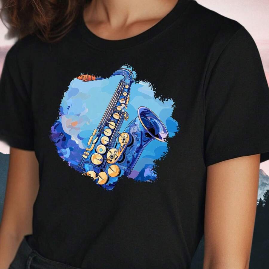 Femmes&#T-shirt en coton à imprimé saxophone bleu, tailles S à 3XL - Noir - Voir 1