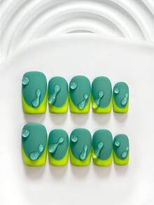 10片裝極簡風手工穿戴甲 Polygel 美甲套組，磨砂質感搭配水滴效果，綠色指甲油，個性風格，附美甲工具，3種尺寸可選：方形、短方形、杏仁形，適合派對、舞蹈、日常配戴 - 彩色 - 查看 20
