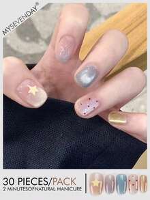 30pieces Press On Nails Short Square Cat Eye Press On Nails With Yellow Star And Polka Dot Pattern Shimmer Fake Nails Kit With Jelly Glue And Nail File False Nails Set For Women Girls Daily Wear Suitable For Gatherings, Festivals, And Daily Use - Multicolor - View 1