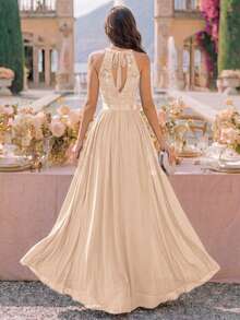 MIUSOL Sequin Floral Lace Halter Neck Sleeveless Ruched Chiffon Formal Party Long Dress, Formal Evening Gown, Suitable For Wedding Guest, Graduation Ceremony, Dinner - Champagne - View 2