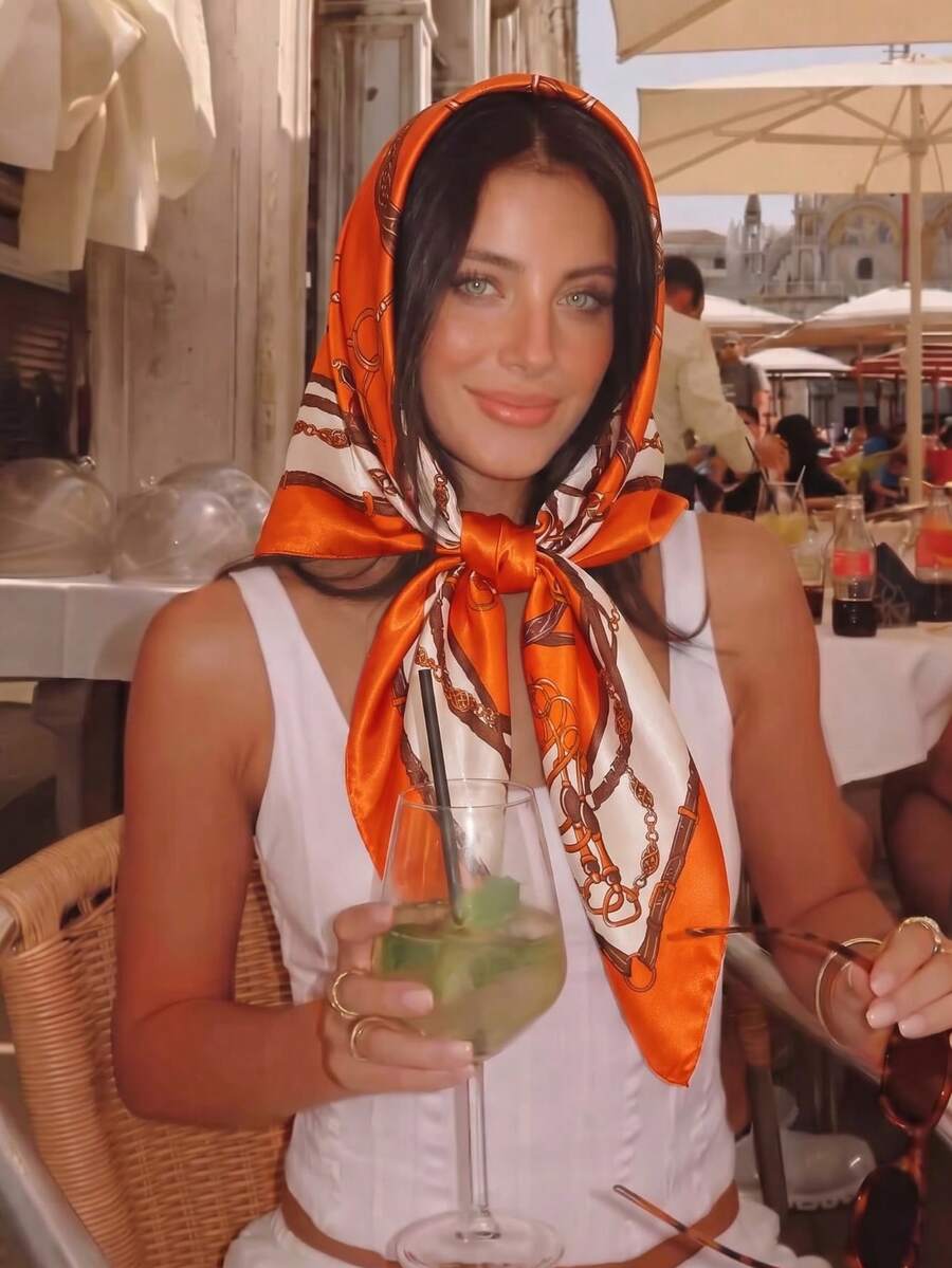1pc Bohemian Luxury Vintage Chain Print Women's Scarf/Bandana, French Vintage Style Versatile Silk Scarf, All-Season Wear For Women, Can Be Used As Neck Scarf, Headband, Hair Wrap Or Shawl, Suitable For Spring/Summer Beach Vacation, Street Fashion Matching, Ideal Choice To Enhance Overall Look, Travel Essential, Beach Towel - Burnt Orange - View 1