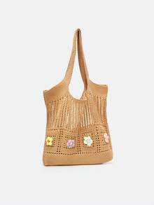 Dedoo Bolso Bandolera Casual Retro con Flores Caladas y Contraste de Color (La Posición del Color de las Flores es Aleatoria) (El Color/Patrón de la Correa del Hombro es Aleatorio) - Marrón - Ver 8