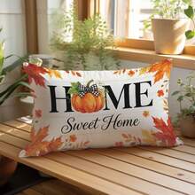 1pc Vintage Wood Grain HOME Pumpkin Maple Leaf Pillowcase, Skin-Friendly Peach Skin Velvet Material, Single-Sided Print 30*50/40*60CM, Suitable For Home Living Room Bedroom Sofa Decoration Cushion Cover, Holiday Gift, No Pillow Insert - Multicolor - View 9