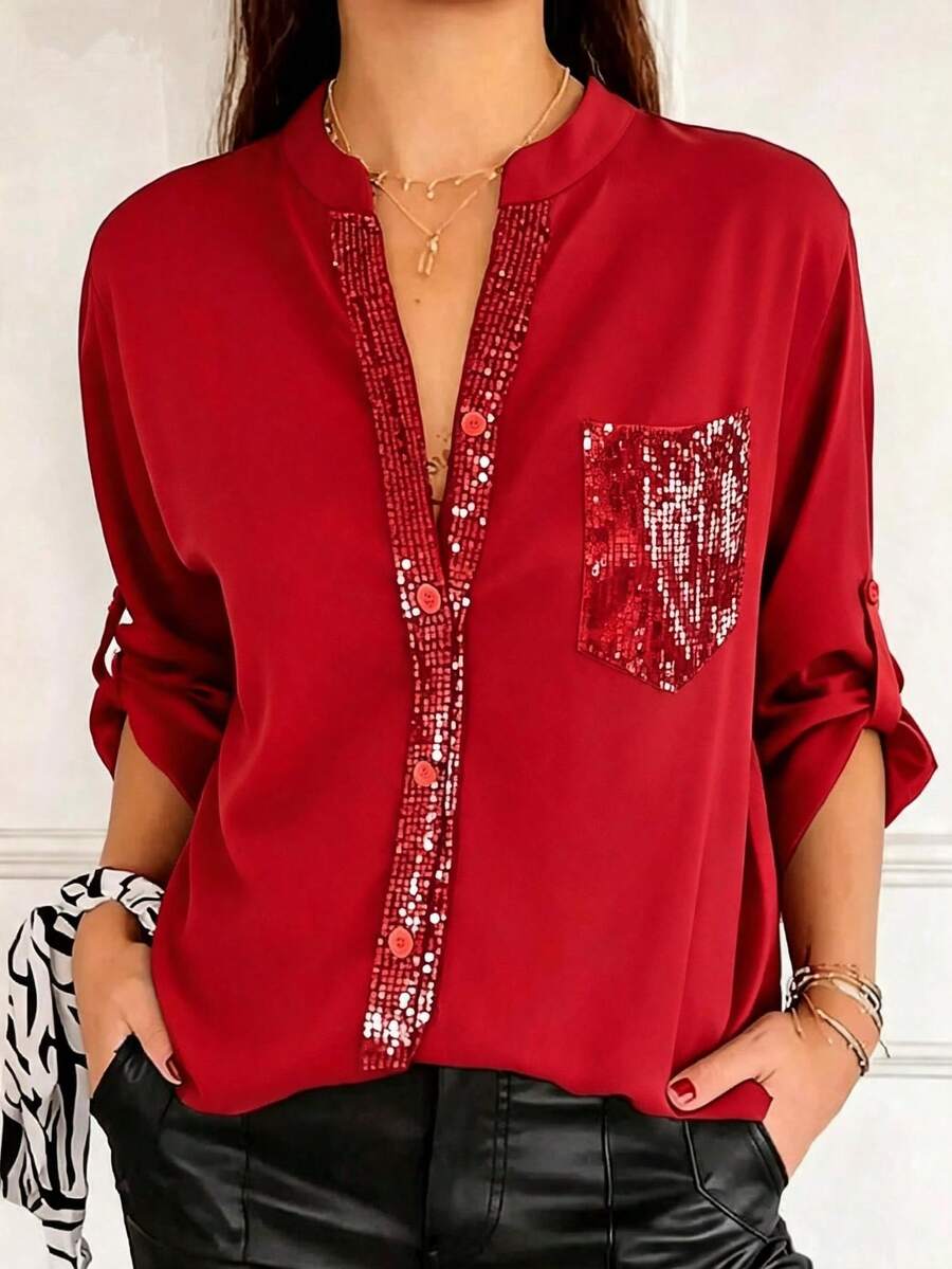 Women's Sequin Decor Front Button Pocket Casual Shirt Spring - Red - View 1