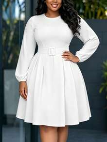 Women's Elegant Ruffle Hem Midi Dress With Belt, Round Neck, Pockets, Solid Color, Fabric Suitable For Elegant, Casual, Formal Occasions, Office, Autumn - White - View 7