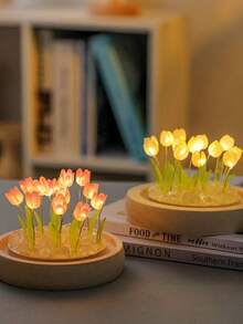 Handmade Tulip Night Light Glass Dome Table Lamp Wooden Base Warm Color LED Colorful Light Bedroom Dorm Bedside Decor Gift For Girls Aesthetic Style Room Decoration, Ideal Gift For Valentine's Day, Mother's Day, Birthday Or Best Friend - Multicolor - View 7