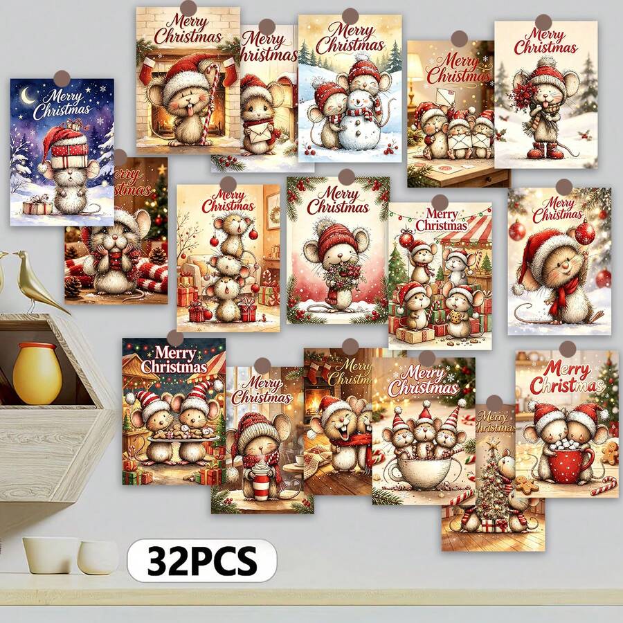 Set Of 32 Whimsical Christmas Mouse Postcards - 4X6 Inches Retro Journal Paper, Classic Pinup Artwork, Collectible Decorative Cards For Scrapbooking & Craft Projects - Sets - View 1