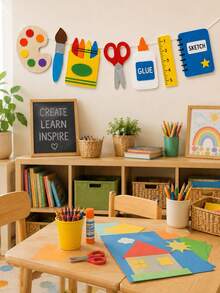 1pc-Back To School Art Garland Banner, Paint Palette Brush Crayon Scissors Glue Bottle Ruler Sketchbook Cutout Hanging Sign, Foldable Lightweight Wall Decor For Art Classroom Library Study Office First Day School Indoor Party Wall Decoration - J - View 5