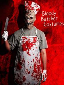 1 Set Horror Halloween Polyester Apron With Blood Stains And Chef Knife, Fun Role Play Apron, Bar Party Halloween Supplies, Chef Server Barber BBQ Adult Apron - A - View 2