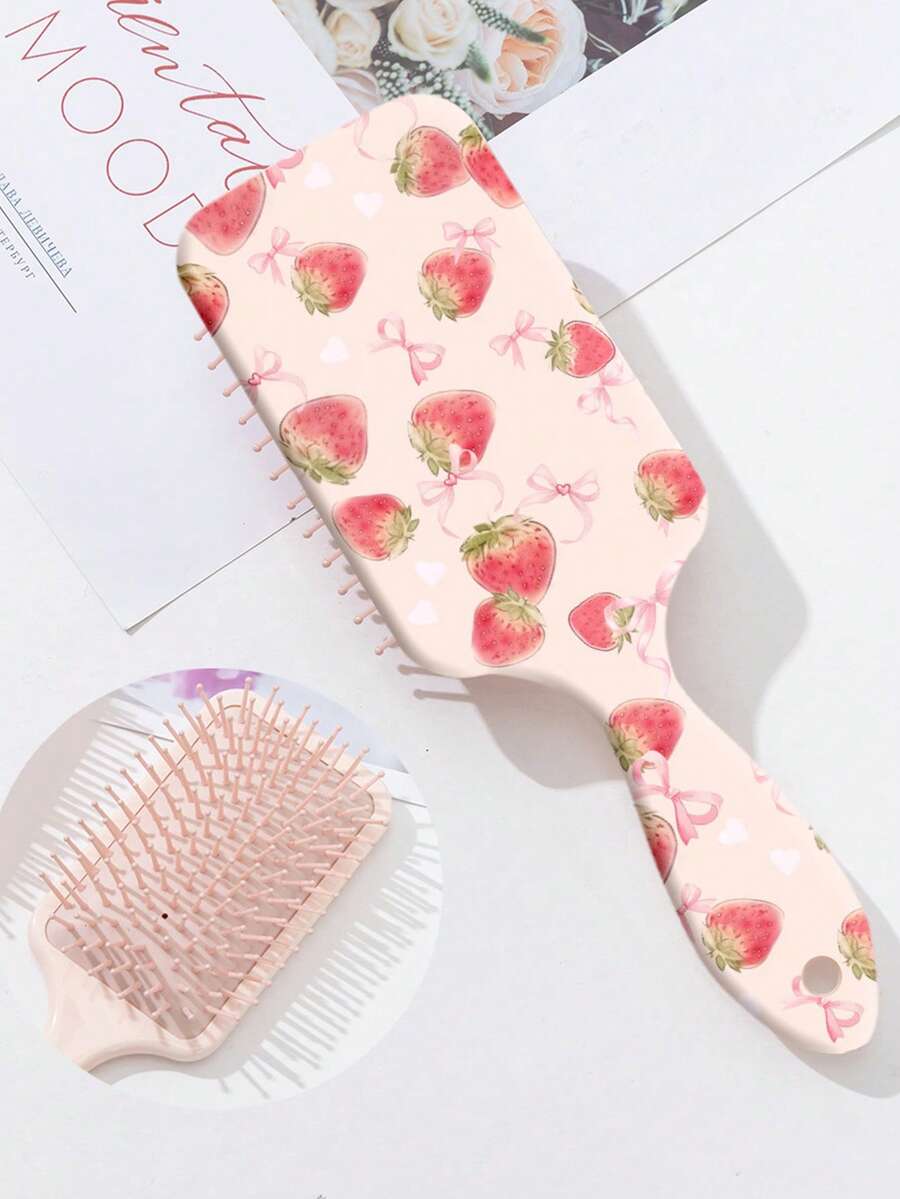 Pink Bow Strawberry Print Square Air Cushion Comb, Wet & Dry Use, ABS Detangling Massage Brush - Multicolor - View 1