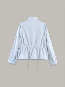 CAREE Women's Spring/Autumn Lightweight Casual Windbreaker, Stand Collar Drawstring Waist Zipper Jacket - Baby Blue - View 2