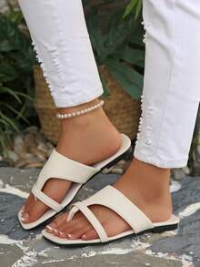 Women's Fashion Square Toe Open Toe Thong Slide Sandals, Comfortable Slip-On Daily Hot Girl Style - Beige - View 5