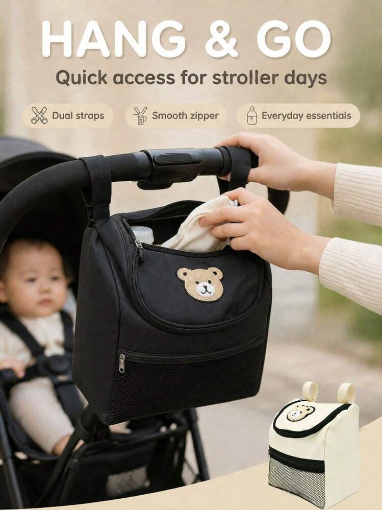1pc Cute Bear Patch Baby Stroller Storage Bag, Multi-Function Diaper Organizer, Large Capacity Mom Essential - Multicolor - View 5