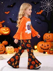 2pcs/Set Pakaian Anak Perempuan Kasual Motif Atasan Lengan Panjang & Celana Panjang Model Flare Motif Potongan Acak, Musim Semi/Musim Gugur Halloween - Jeruk - View 3