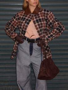 Women's Plaid Jacket, Brown Long Sleeve Zip Up Shirt Jacket With PU Leather Collar, Casual Fall Autumn Outerwear - Brown - View 2