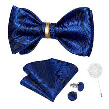 5Pcs Men Blue Paisley Jacquard Self-Tie Bow Tie Pocket Square Detachable Cufflinks Ring Boutonniere Set, Cufflinks Random Pattern, Wedding Formal - Blue - View 2