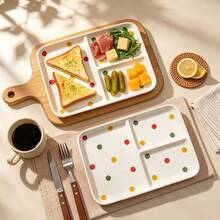 1pc 10in Cute Heart/Dots Pattern Ceramic Divided Plate, Large Rectangle 3 Compartment Portion Control Plates For Encourage Healthy Eating, Bariatric Dinner Plates For Balanced Meal Diet, Microwave Dishwasher Oven - Multicolor - View 2