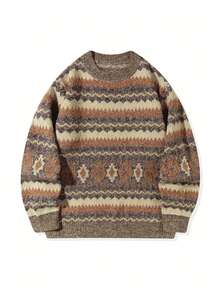 Autumn/Winter New Old Money Style Colorblock Crew Neck Loose Pullover Sweater - Multicolor - View 1