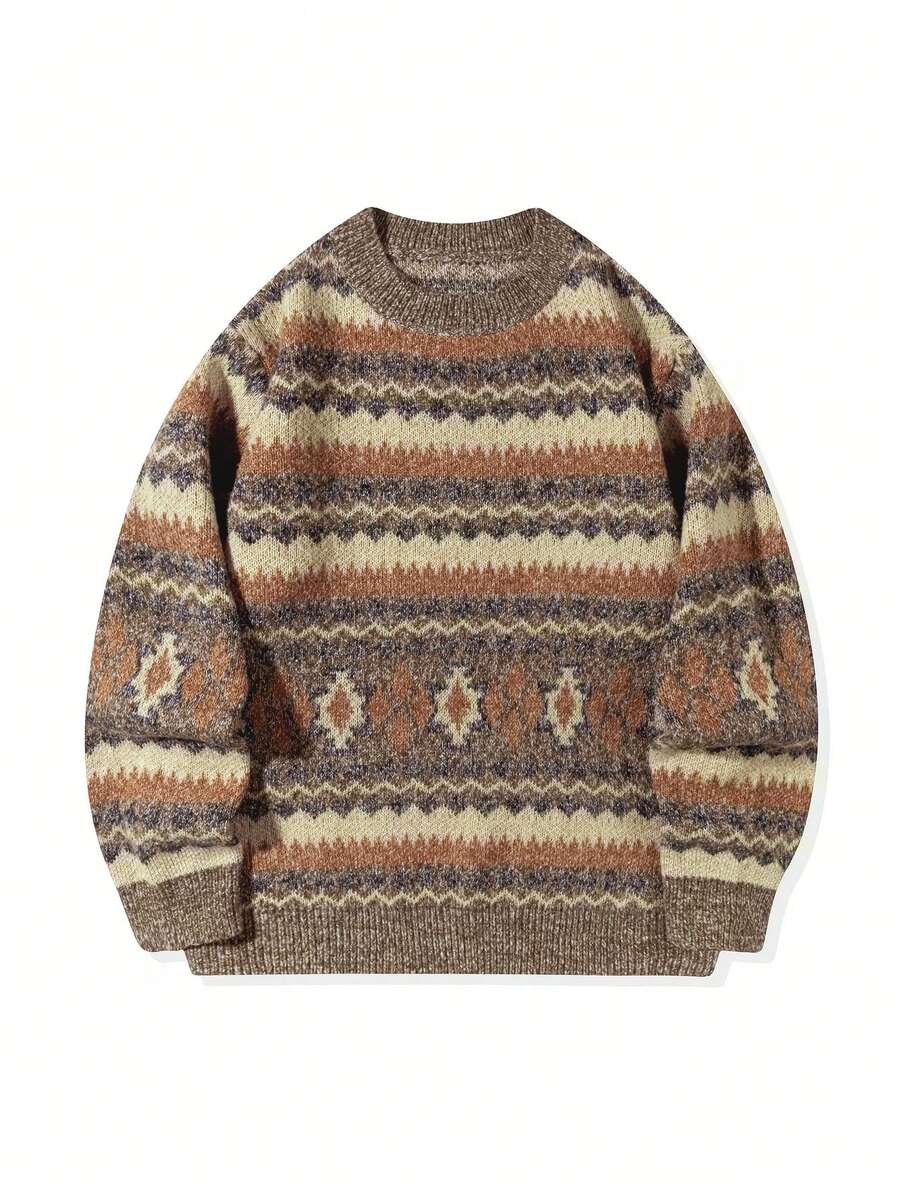 Autumn/Winter New Old Money Style Colorblock Crew Neck Loose Pullover Sweater - Multicolor - View 1