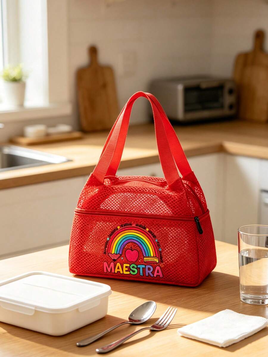 "MAESTRA" Printed Mesh Lunch Bag, Reusable Lunch Bag, Unisex Leak-Proof Large Capacity Tote Bag, Portable Travel Picnic Camping Bag, Mesh Handbag, Large Capacity Storage Bag, Makeup Organizer, Beach Bag, Travel Toiletry Bag, Multi-Functional Lunch Container Storage Bag, Perfect For Office Work, School, Camping, Travel, Back To School Gift, Birthday Gift, Teacher's Day Gift, Holiday Gift, Beach Travel Essential - Multicolor - View 1