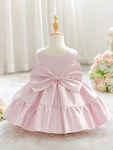 Baby Girls Square Neck Solid Color Bow Satin Cute Princess Dress For 1st Birthday Party And Daily Wear, Headband Not Included - Dusty Pink - View 2